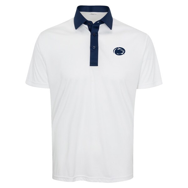 white polo shirt semi spread navy collar Penn State Athletic Logo on left chest